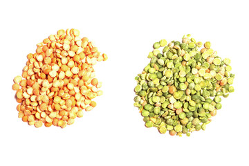 fruit green, yellow peas and chickpeas isolated on white background