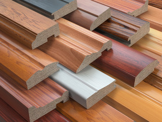 Samples of wooden furniture MDF profiles, Different medium density fiberboards. © Maksym Yemelyanov