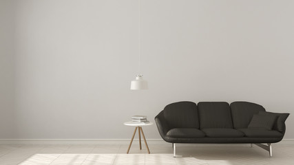 Scandinavian minimalistic background, with gray sofa on herringbone natural parquet flooring, interior design