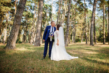 Bride and groom at pine forest, lovely wedding couple at nature.