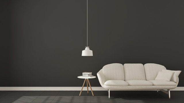 Scandinavian minimalistic dark background, with white sofa on herringbone natural parquet flooring, interior design