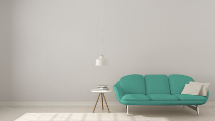 Scandinavian minimalistic background, with turquoise sofa on herringbone natural parquet flooring, interior design