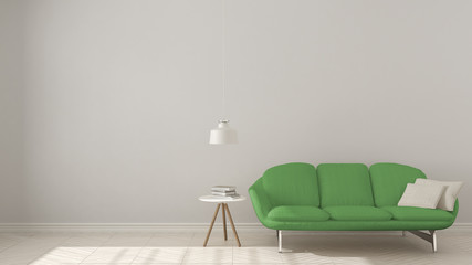 Scandinavian minimalistic background, with green sofa on herringbone natural parquet flooring, interior design