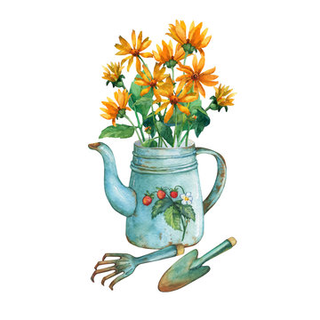 Vintage blue metal teapot with strawberries pattern, a bouquet of yellow flowers and garden tools. Hand drawn watercolor painting on white background.