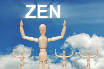 Wooden dummy puppet on sky background with text ZEN