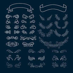 Big vector set of calligraphy page decoration elements with ribbons, laurels, swirls.