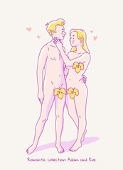 Nude man and woman in a full-length hug. Adam and Eve