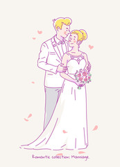 Young groom in white costume and bride in wedding dress and flowers get married