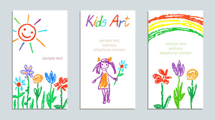 Set of wax crayon like kid`s drawn colorful cards with hand drawing flowers, rainbow, sun, girl on white. Hand drawn art background. Like child`s painting pastel chalk and design elements, vector.