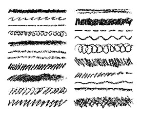 Obraz premium Set of black charcoal strokes. Hand drawn pencil stripes background. Vector like kids wax crayon hand painting texture design elements. 