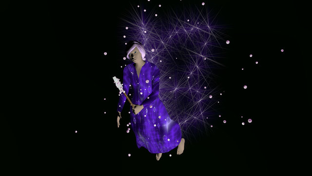3d Illustration, violette Fee mit Partikeleffekt auf schwarzem Hintergrund