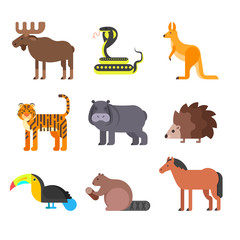 Vector flat style set of animals. Hedgehog, tiger, snake.