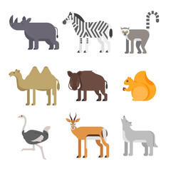 Vector flat style set of animals. Rhinoceros, wolf, lemur. 