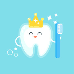 Vector flat style illustration of happy tooth with crown.