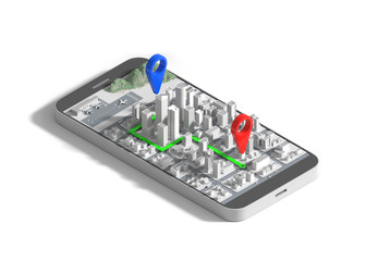 Mobile GPS navigation concept, Smartphone with city map application and marker pin pointer. 3D illustration