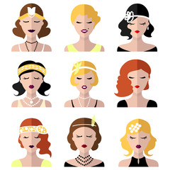 Vector set of different flapper girls icons in modern flat style.