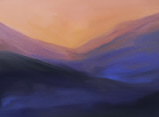 Hand painted mountains landscape at sunset. Beautiful colors.