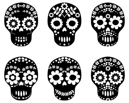 Black and white floral sugar skulls, cute designs in flat style