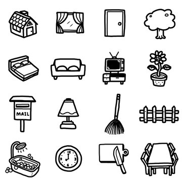 home objects, icons set / cartoon vector and illustration, hand drawn style, black and white, isolated on white background.