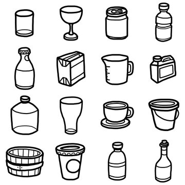 water container objects, icons set / cartoon vector and illustration, hand drawn style, black and white, isolated on white background.