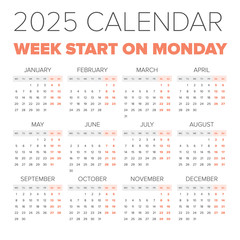 Simple 2025 year calendar