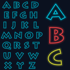 Luminous neon alphabet Vector font. The color of light is easily changed. Neon letters on a dark blue background isolated. Latin characters.