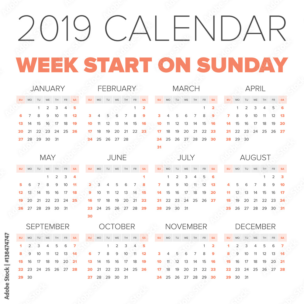 Wall mural simple 2019 year calendar