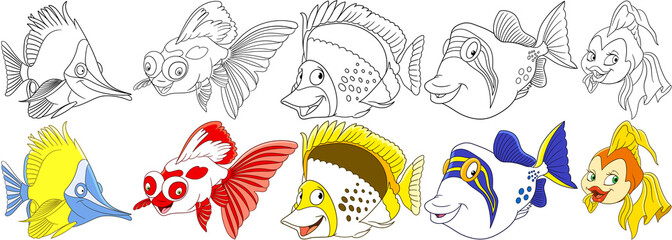 Cartoon ocean animals set. Collection of fishes. Longnose butterfly fish, koi carp, angelfish, filefish, goldfish. Coloring book pages for kids.