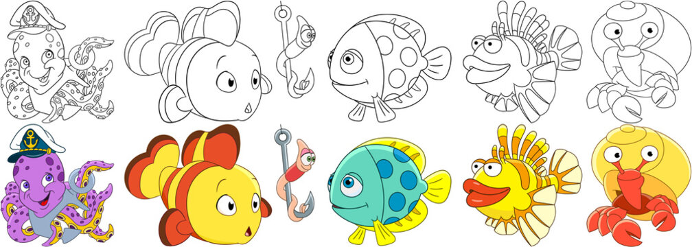 Cartoon underwater animals set. Collection of fishes. Octopus with anchor in a captain hat, clown fish, worm on a fishing hook, lionfish, hermit crab with a shell. Coloring book pages for kids.