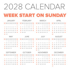 Simple 2028 year calendar