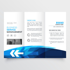 tr-fold brochure flyer design template in blue theme with arrow