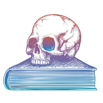 Colorful sketch of human skull on book isolated on white background. Vector illustration