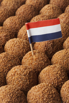 Dutch traditional snack bitterballen full frame with a dutch flag