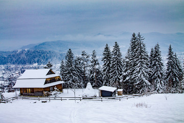 The mountains in winter. House, village