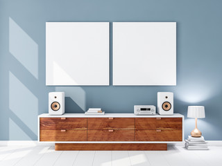 Two square white canvas Mockups hanging on the blue wall, hi fi audio micro system on bureau, 3d rendering