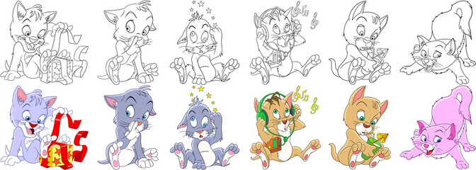 Cartoon animals set. Collection of cats and kittens with different emotions. Coloring book pages for kids.