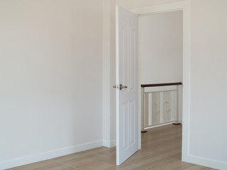 empty room with open door and white interior wall background.