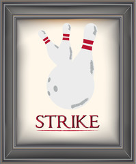 Framed retro bowling poster with pins and a bowling ball on an old paper background with strike typography