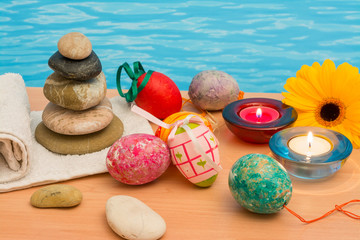 Easter in pool, wellness and relax. Eggs and water background for party and spa