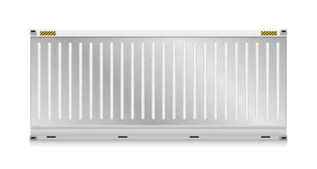 Cargo container vector isolated on white background. Metal box or equipment for storage at dock, port, warehouse. Freight transport by ship, crane, trailer truck for shipping, import export business.