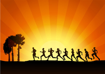 Fototapeta na wymiar Running , Marathon, on sunset background, graphic.