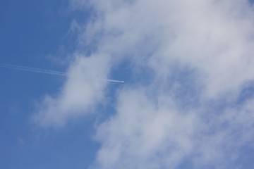 Airplane in the blue sky.