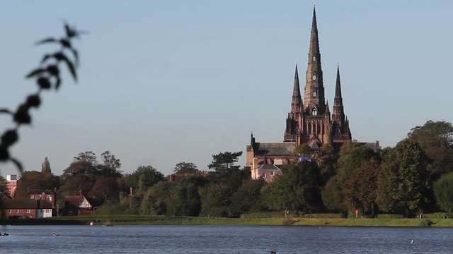 Beautiful View of Lichfield Cathedral Over Stowe Pool - Beautiful Morning Light in a Blue Sky
