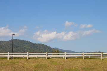 Fototapeta premium wood fence with grass and blue sky