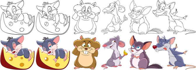 Cartoon animals set. Collection of rodents. Mouse with a piece of cheese, rat, hamster, gerbil, chinchilla. Coloring book pages for kids.