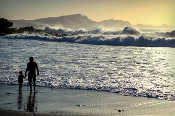 ocean, beach, sunset silhouettes, people, wild water