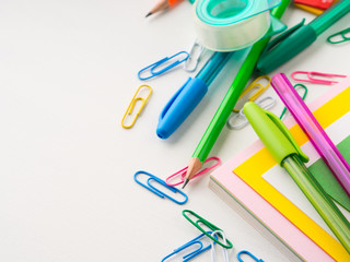 Stationery colorful writing tools accessories pens pencils, color paper. Back to school. Office supplies products