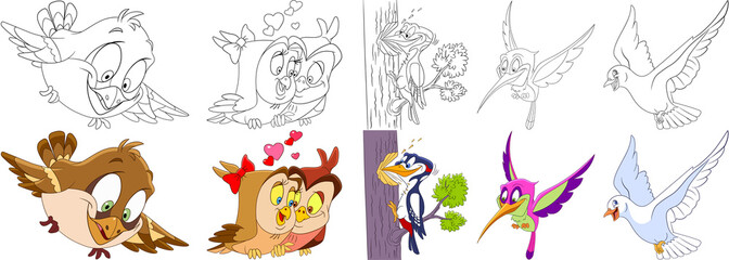 Cartoon animals set. Collection of birds. Sparrow, owls in love on Valentines Day, woodpecker, hummingbird (colibri), pigeon (dove). Coloring book pages for kids.