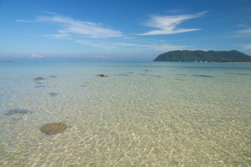beautiful scene, tropical sea and beach with blue sky background