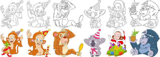Cartoon animals set. New year collection. Monkey, ape, chimpanzee, gorilla, chimp, orangutan, macaque, koala bear with christmas gifts. Coloring book pages for kids.